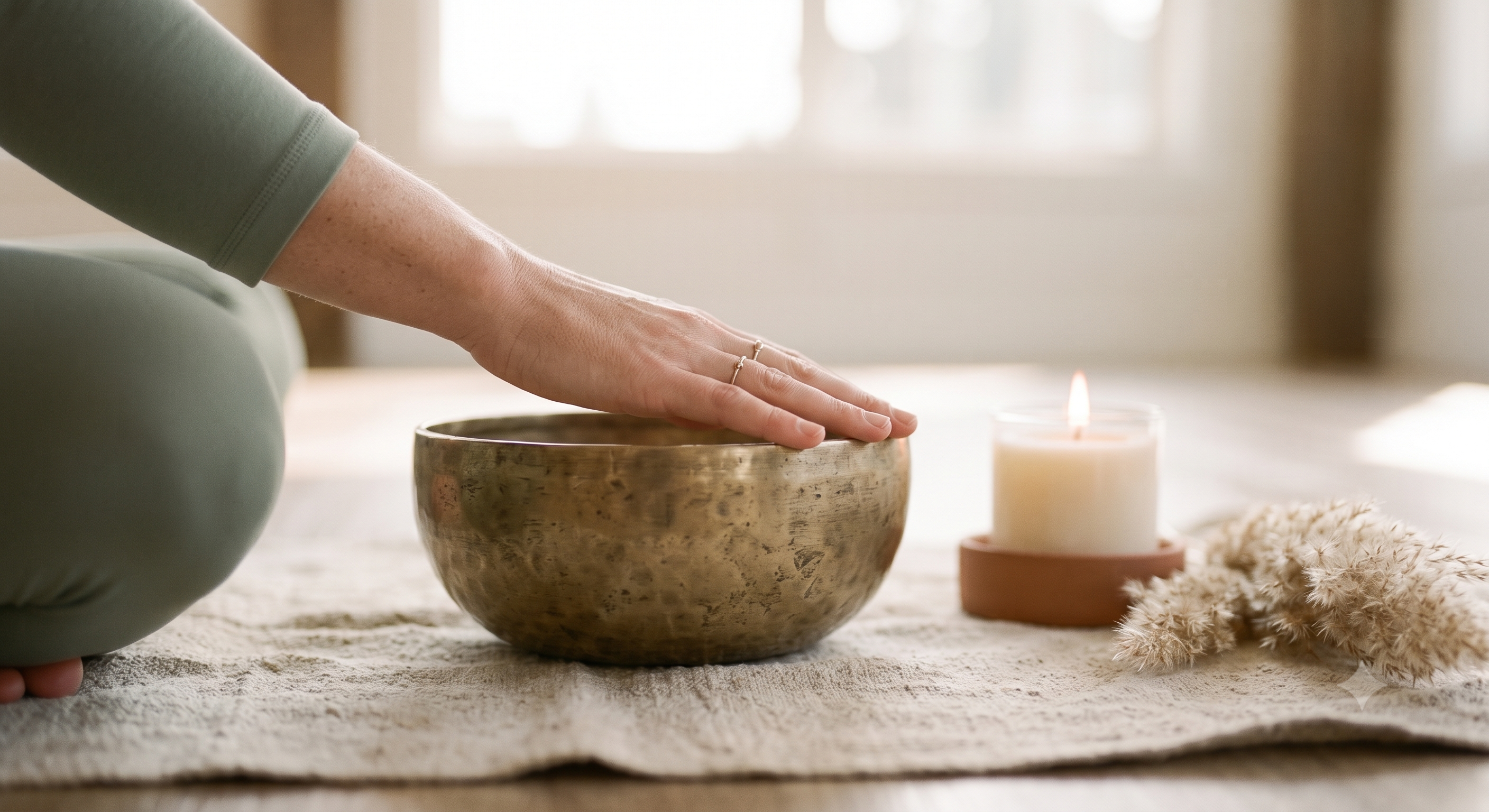 Una mano junto a un cuenco de meditación
